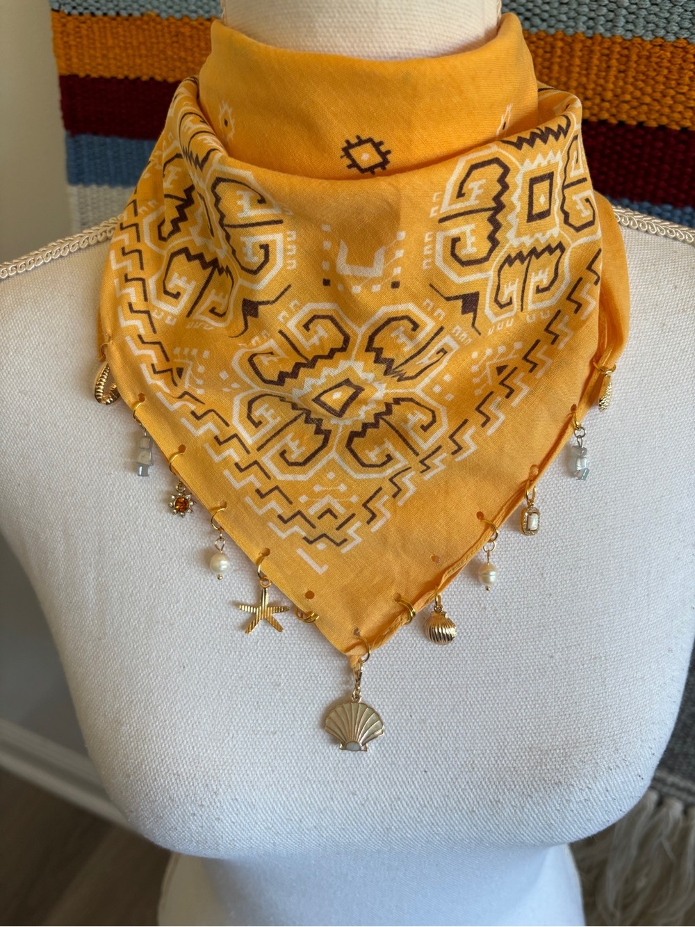Handmade Yellow Bandana Necklace Scarf with Gold Sea Charms